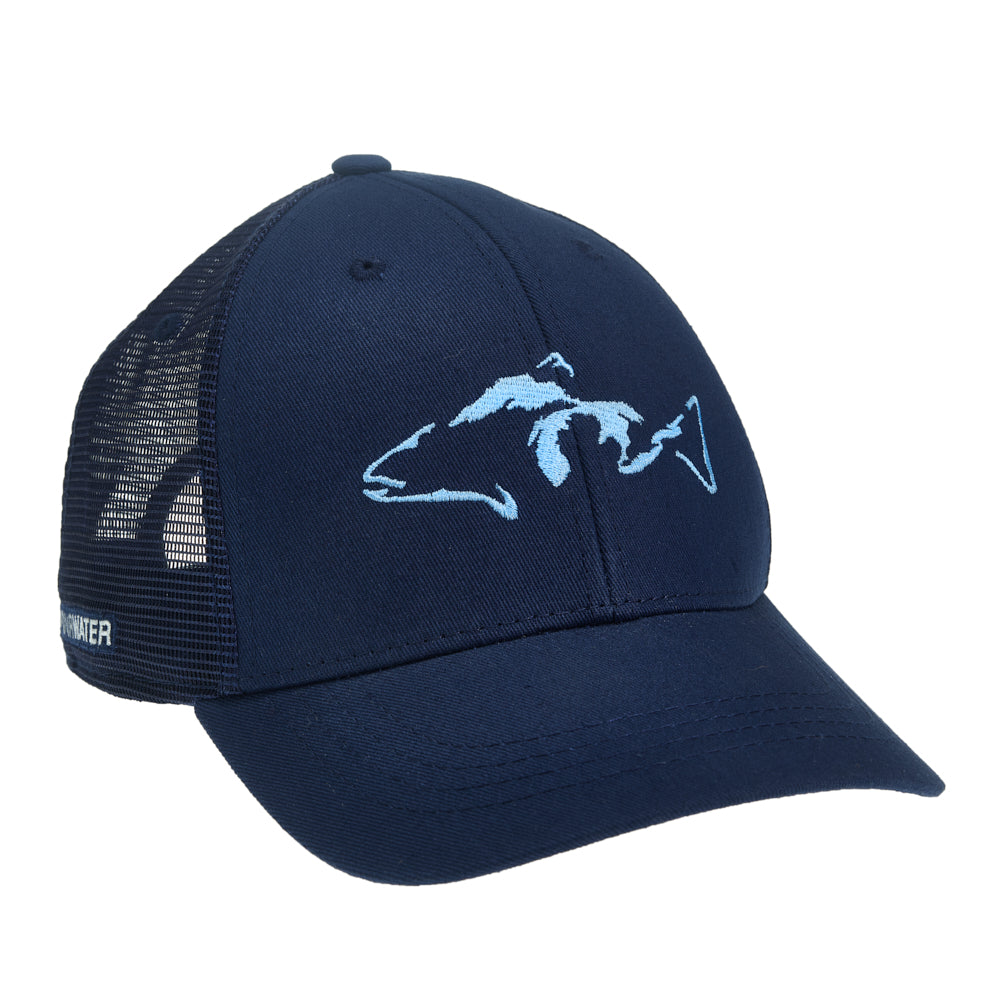 Men's Jumping Trout Fishing Embroidered Mesh Back Trucker Hat, Navy/White