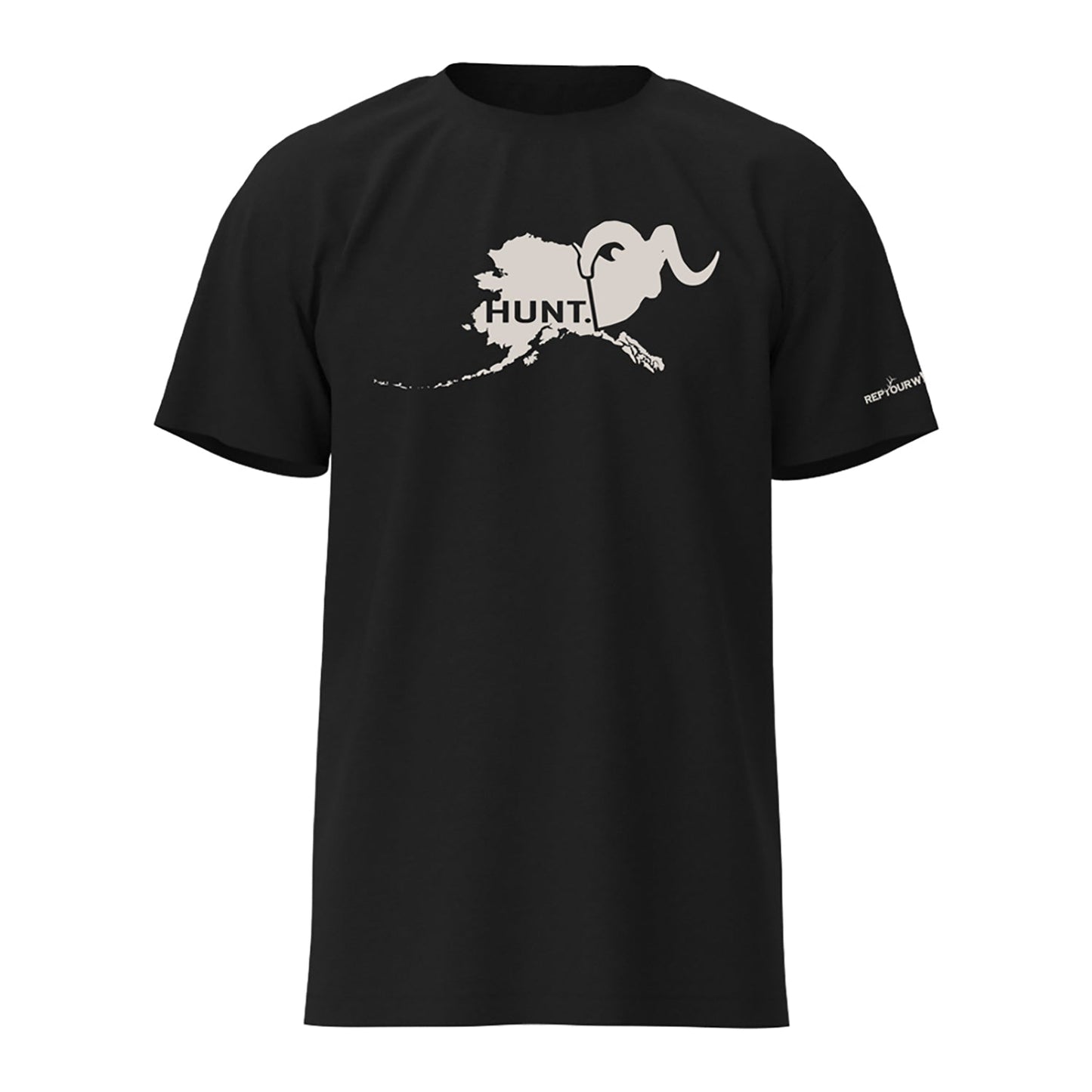 black tee shirt with the alaska state and big horn sheep silhouette and the word HUNT in bold on the from. 