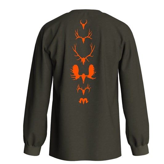 dark green shirt with different types of antlers going down the spine in orange starting with pronghorn, mule deer, elk, moose, white tail, ram
