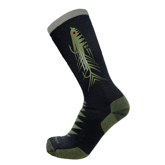 black socks with a streamer on the side in green