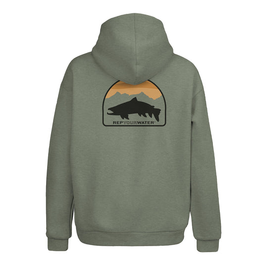 light green hoodie with a badge on the back  showing a sunset, mountain range, and trout silhouette, the words rep your water are on the bottom of the badge