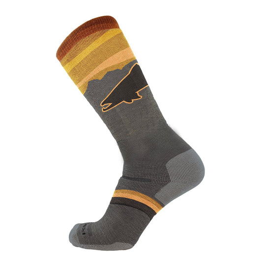 gray socks showing a trout silhouette in back and sunset orange towards the top of the sock. the foot has color bands on it in orange shades and gray