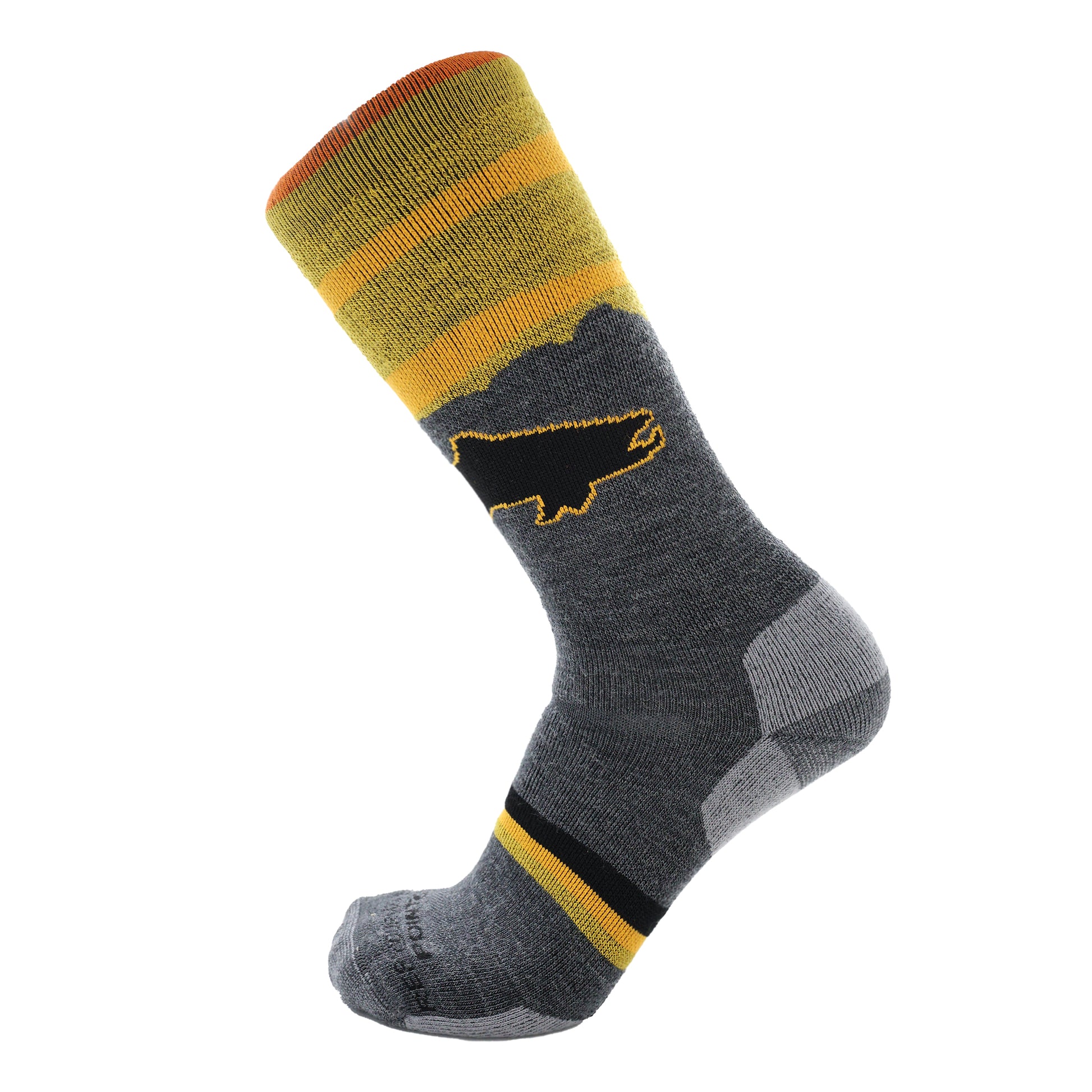 gray socks showing a trout silhouette in back and sunset orange towards the top of the sock. the foot has color bands on it in orange shades and gray