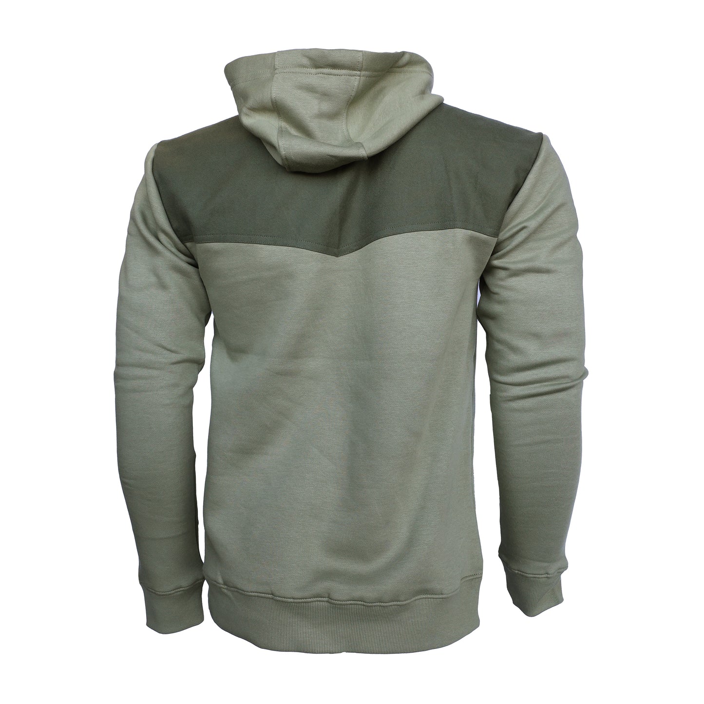 back of light green hoodie with a darker green shoulder yoke