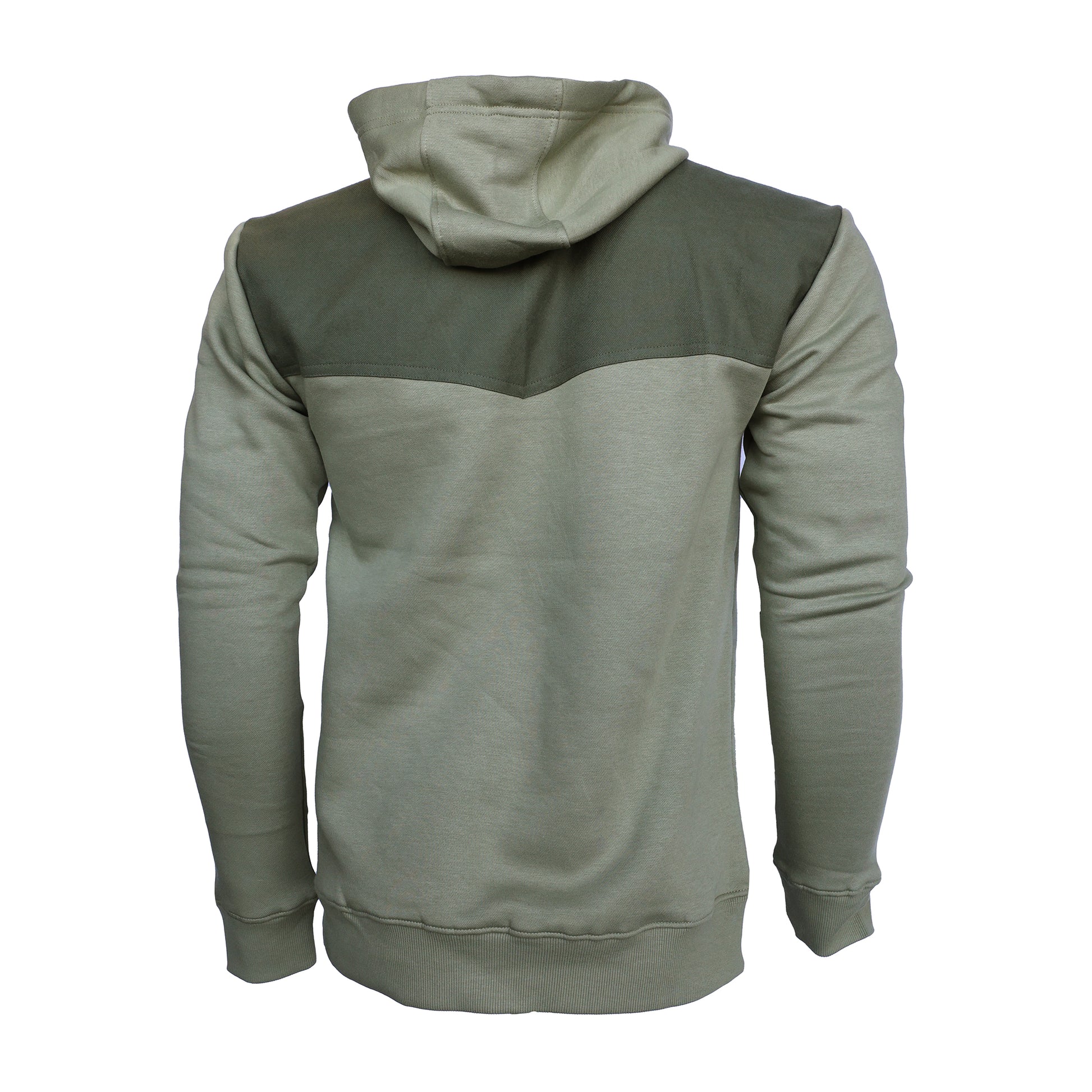 back of light green hoodie with a darker green shoulder yoke