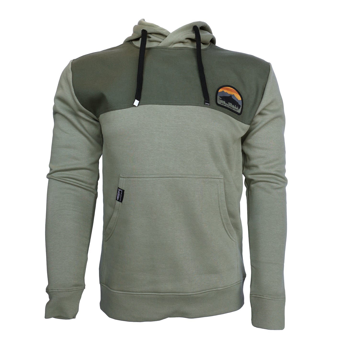 light green and dark green yoke hoodie with a badge  showing a sunset, mountain range, and trout silhouette, the words rep your water are on the bottom of the badge on the front left chest. 