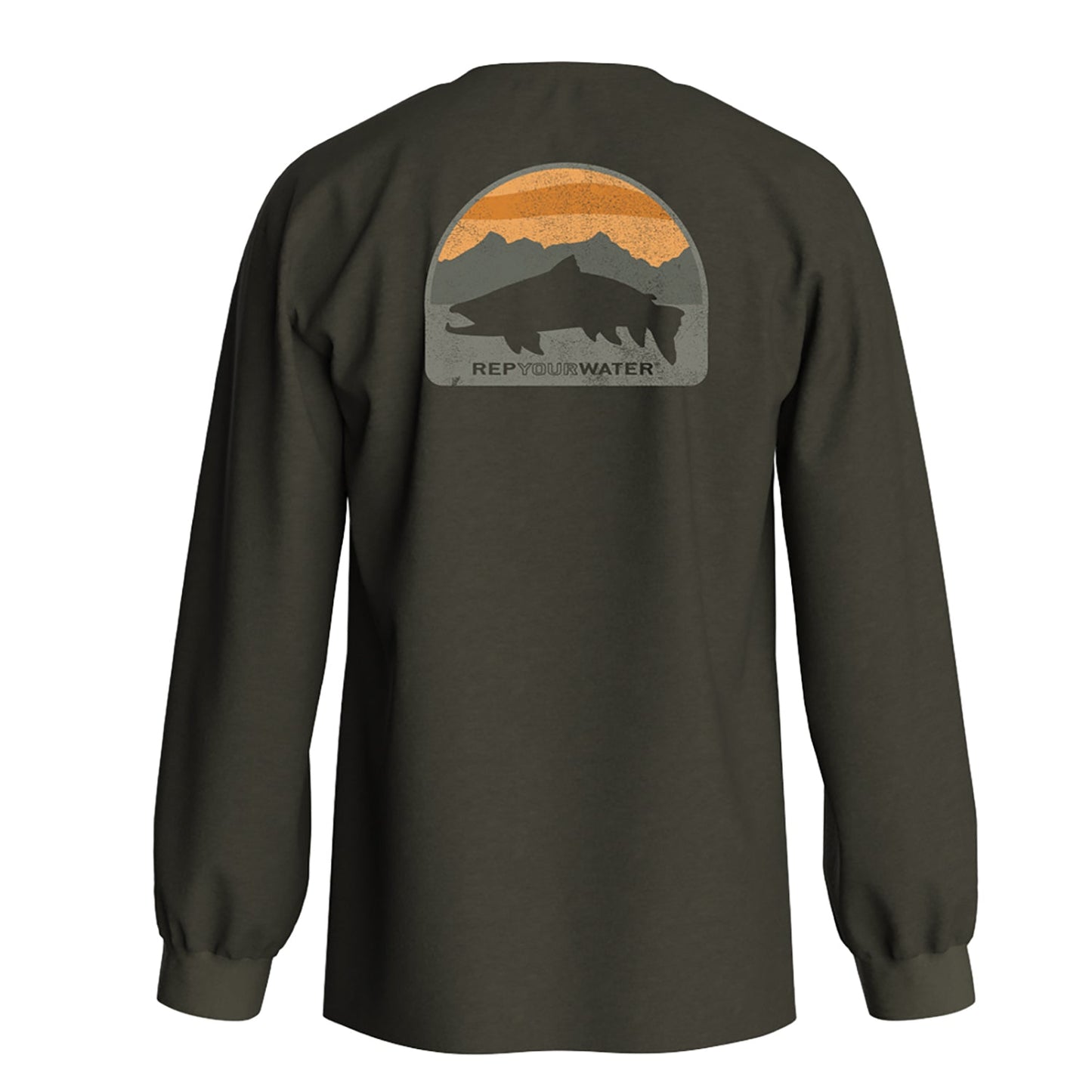 dark green shirt with a badge on the back showing a sunset, mountain range, and trout silhouette, the words rep your water are on the bottom of the badge
