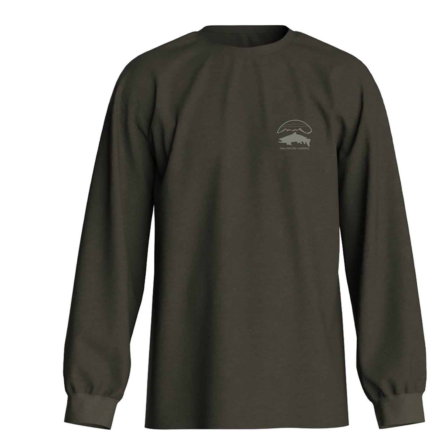 dark green long sleeve showing a sunset, mountain range, and trout silhouette, the words fish explore conserve are on the bottom of the badge on the front left chest 