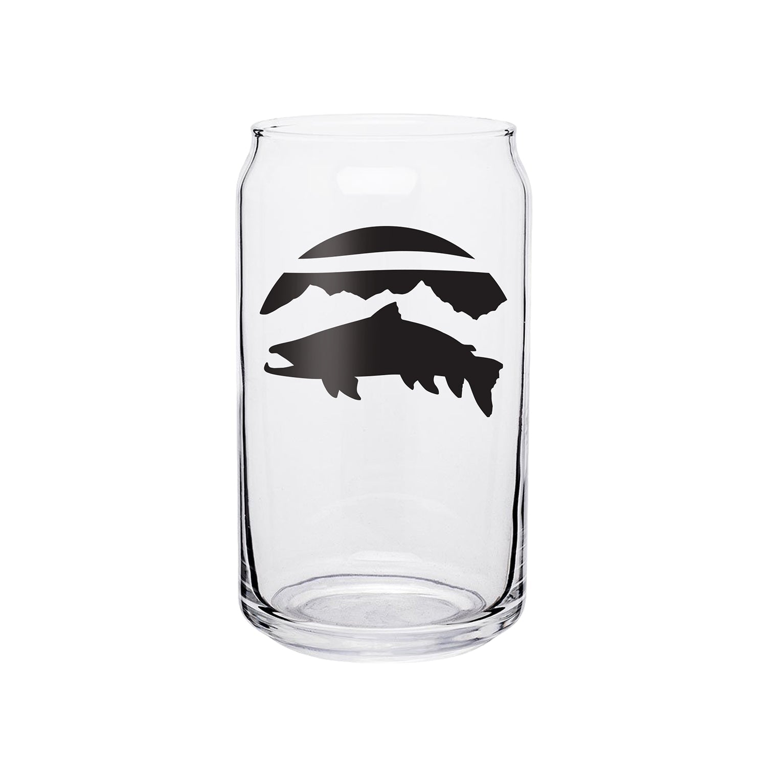 beer can style clear glass with a mountain range and trout silhouette on it in black ink