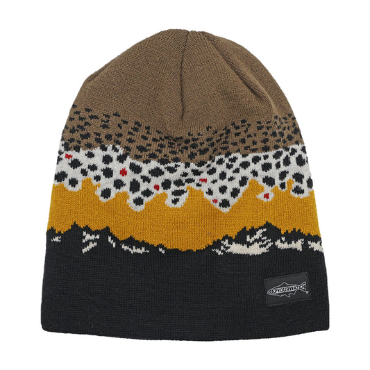 beanie skullcap with black mountains and brown trout pattern sunset 
