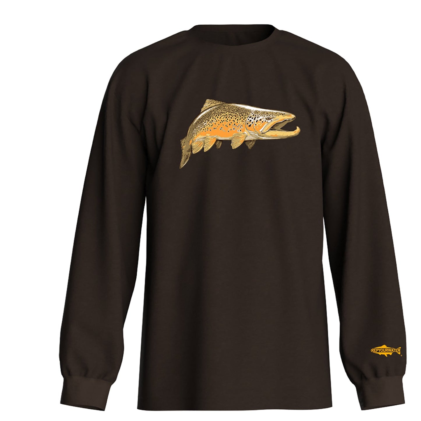 dark brown long sleeve with a big brown trout on the front and a trout silhouette on the left arm near the cuff that reads rep your water in yellow