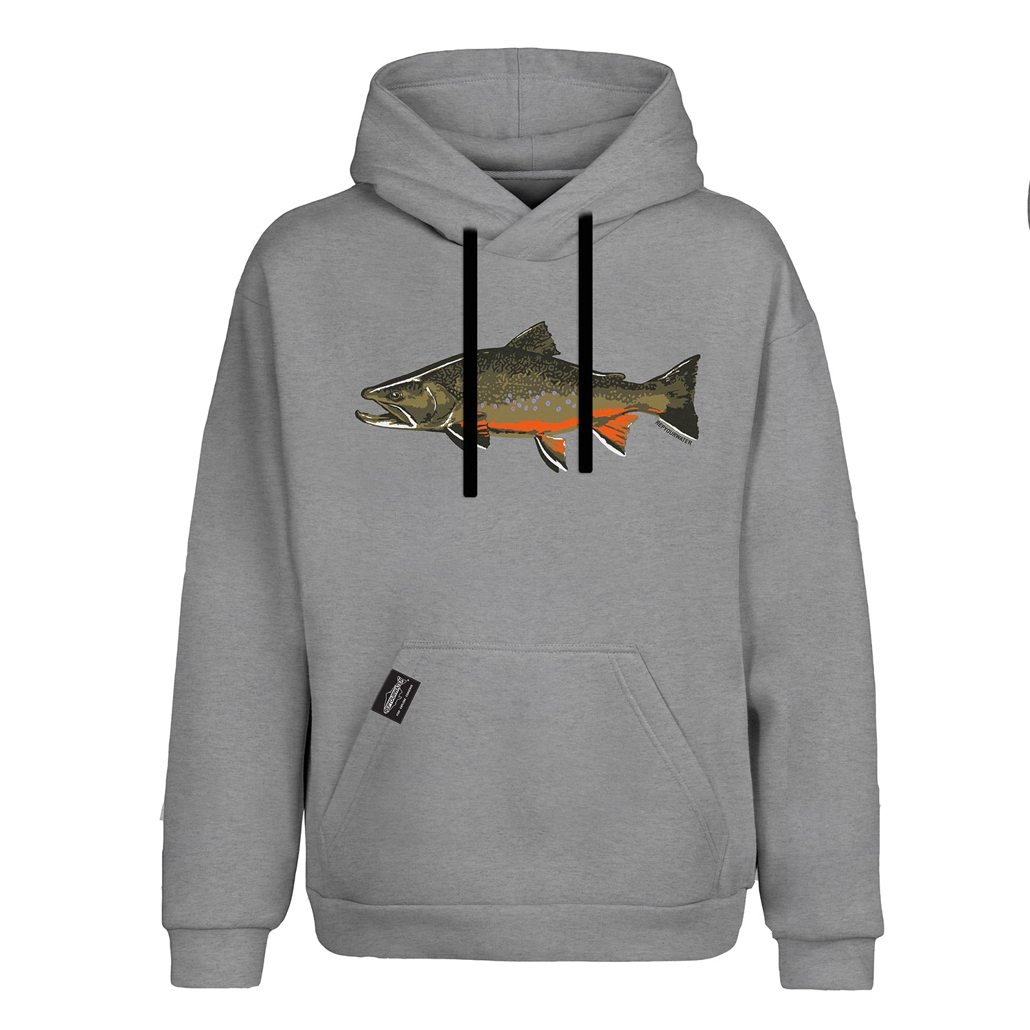 light grey hoody with a brook trout in full color on the front 
