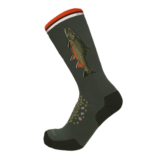 dark green socks with brook trout pattern on the top of the foot, a brook trout on the side, and 3 bands at the top in white, black and orange