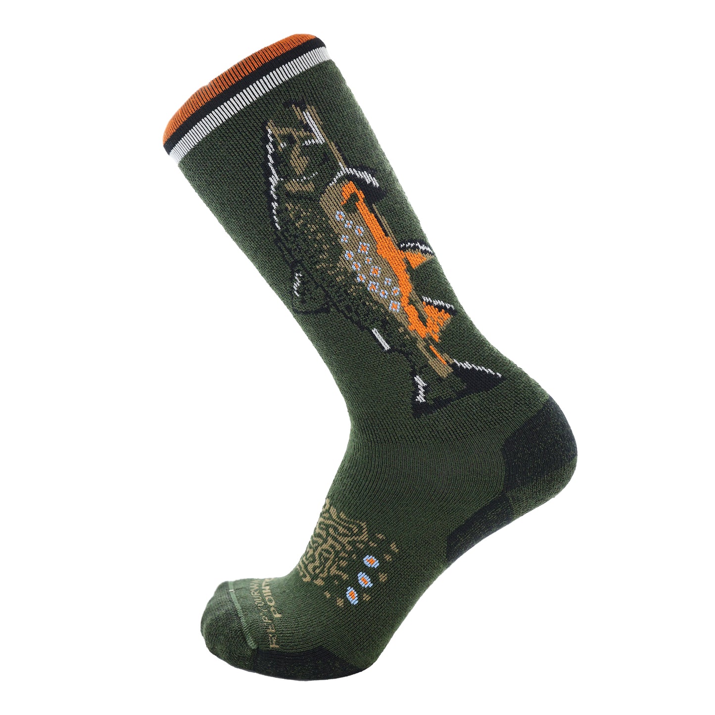 dark green socks with brook trout pattern on the top of the foot, a brook trout on the side, and 3 bands at the top in white, black and orange