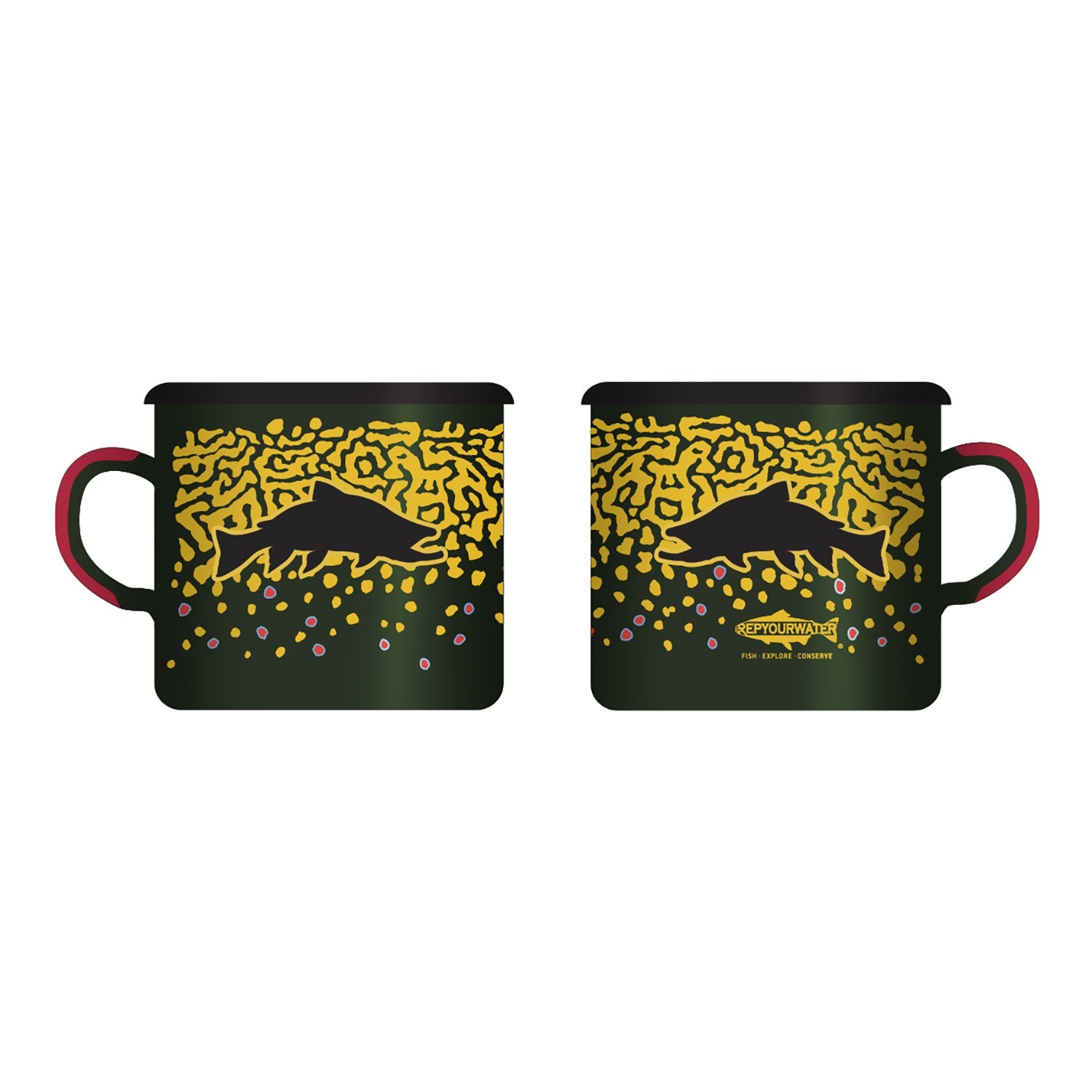 green mugs with brook trout markings on the side and a fish silhouette in black