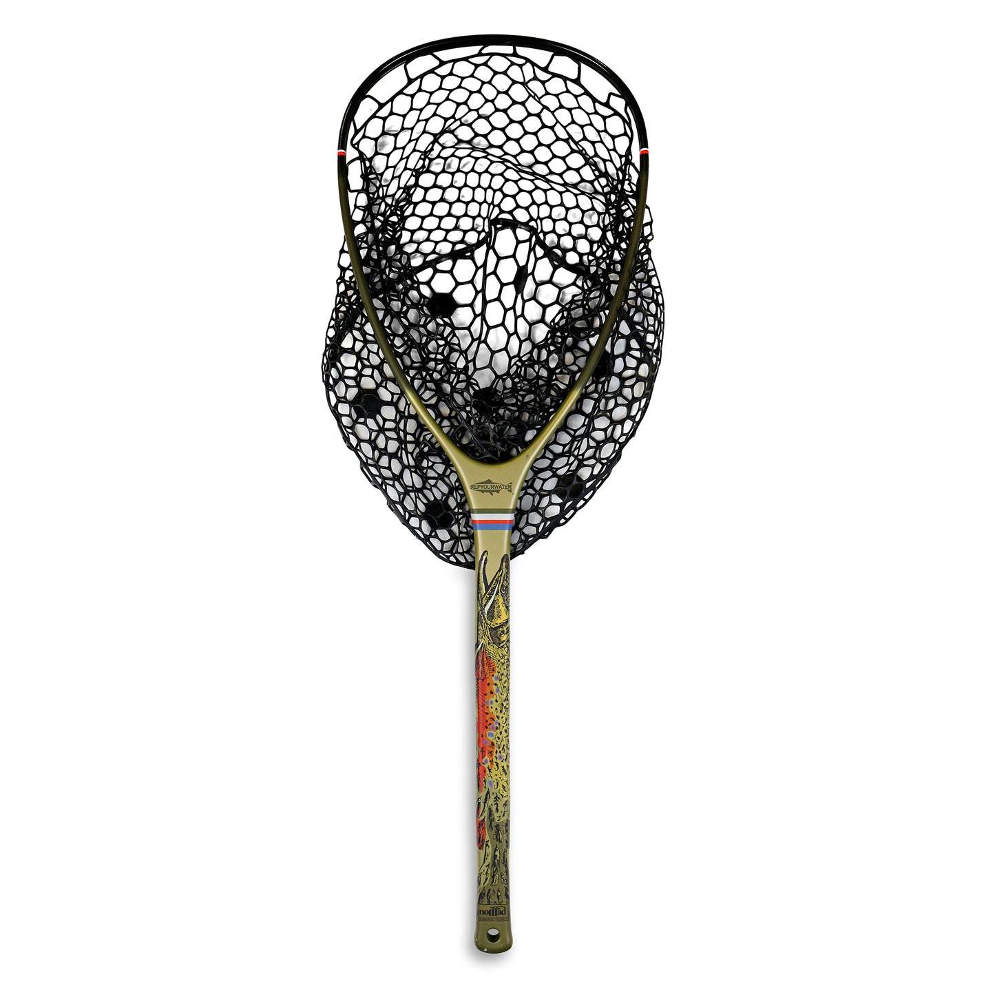 Fishpond midlength net with green and repyourwater logo at the base of the hoop.  A drawing of a brooktrout that fades to flies towards the handle. The net has a black net