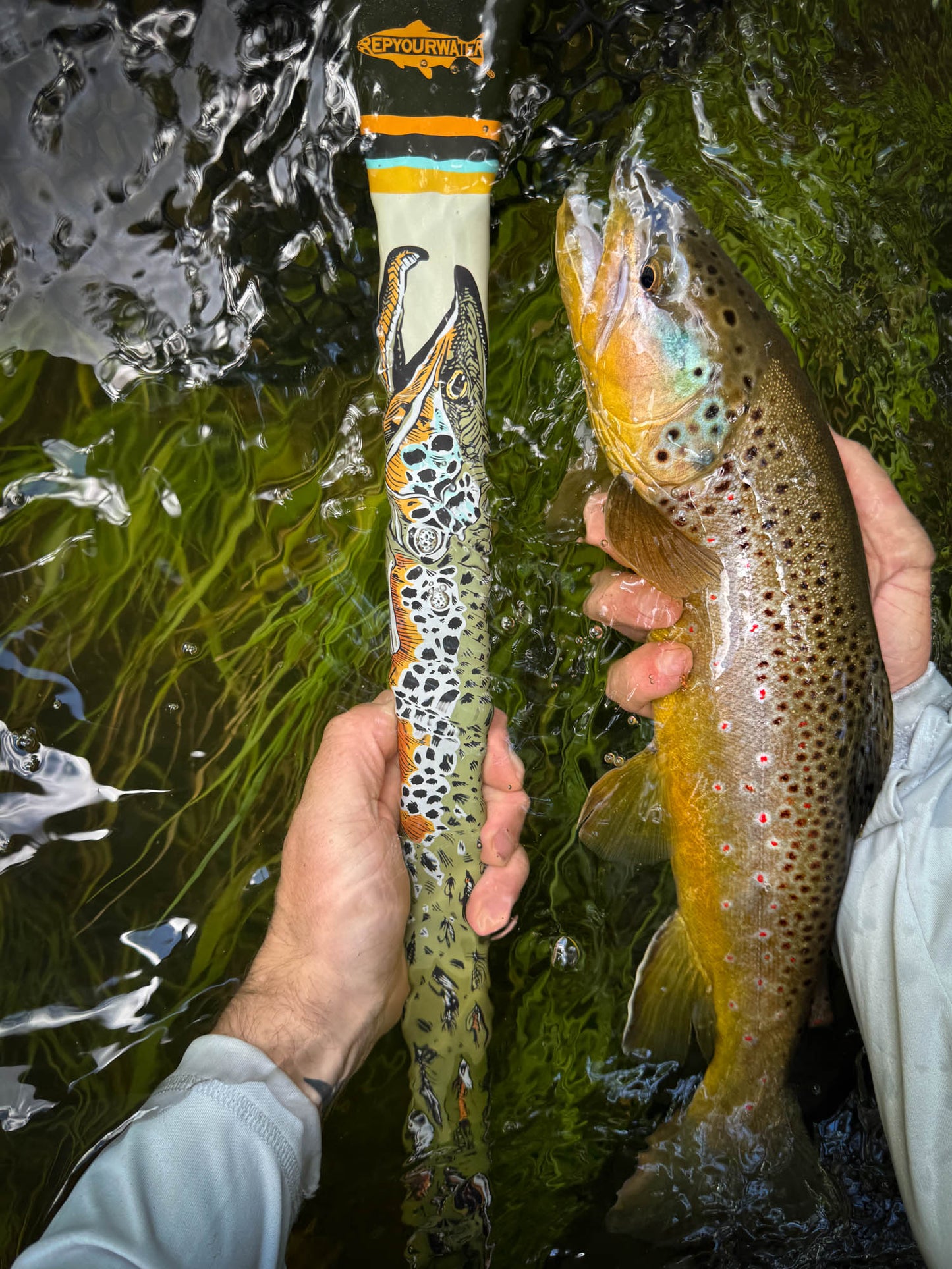 a poto of someone holding a brown trout next to the net with a brown trout on the handle that fades into fishing flies at the end.