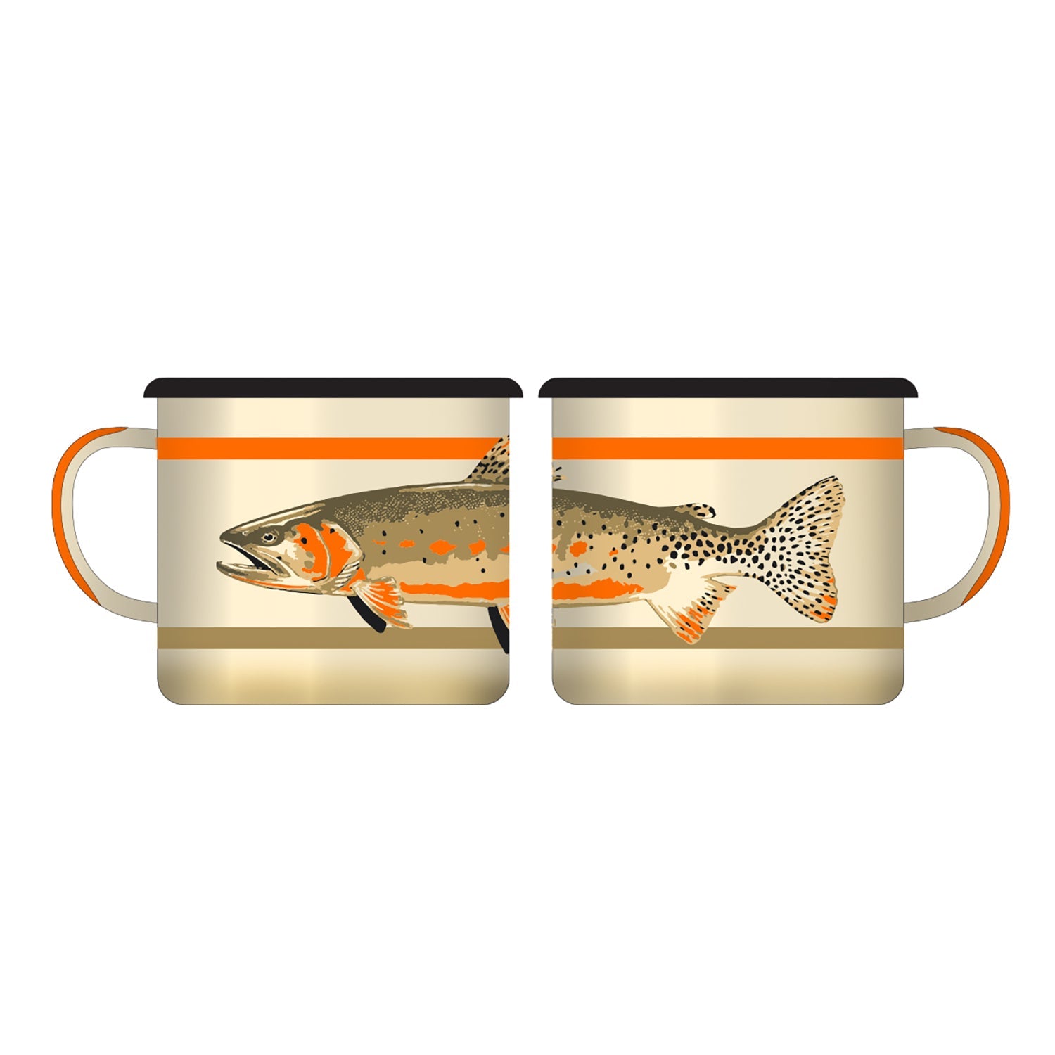 tan mug with a cutthroat trout on the side in full color with a tan line below and orange above