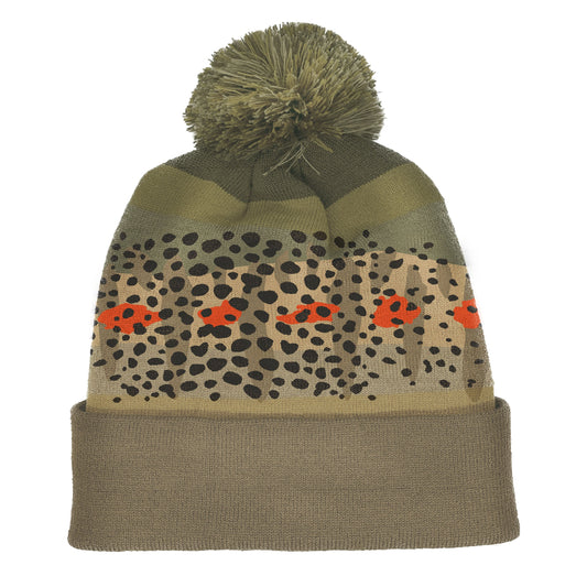 light tan beanie with a pom on the top and cuff. the design of the beanie is cutthroat trout skin pattern