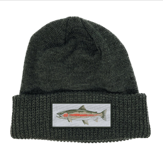 dark gray knit hat with a cuff and a patch of a rainbow trout on the front