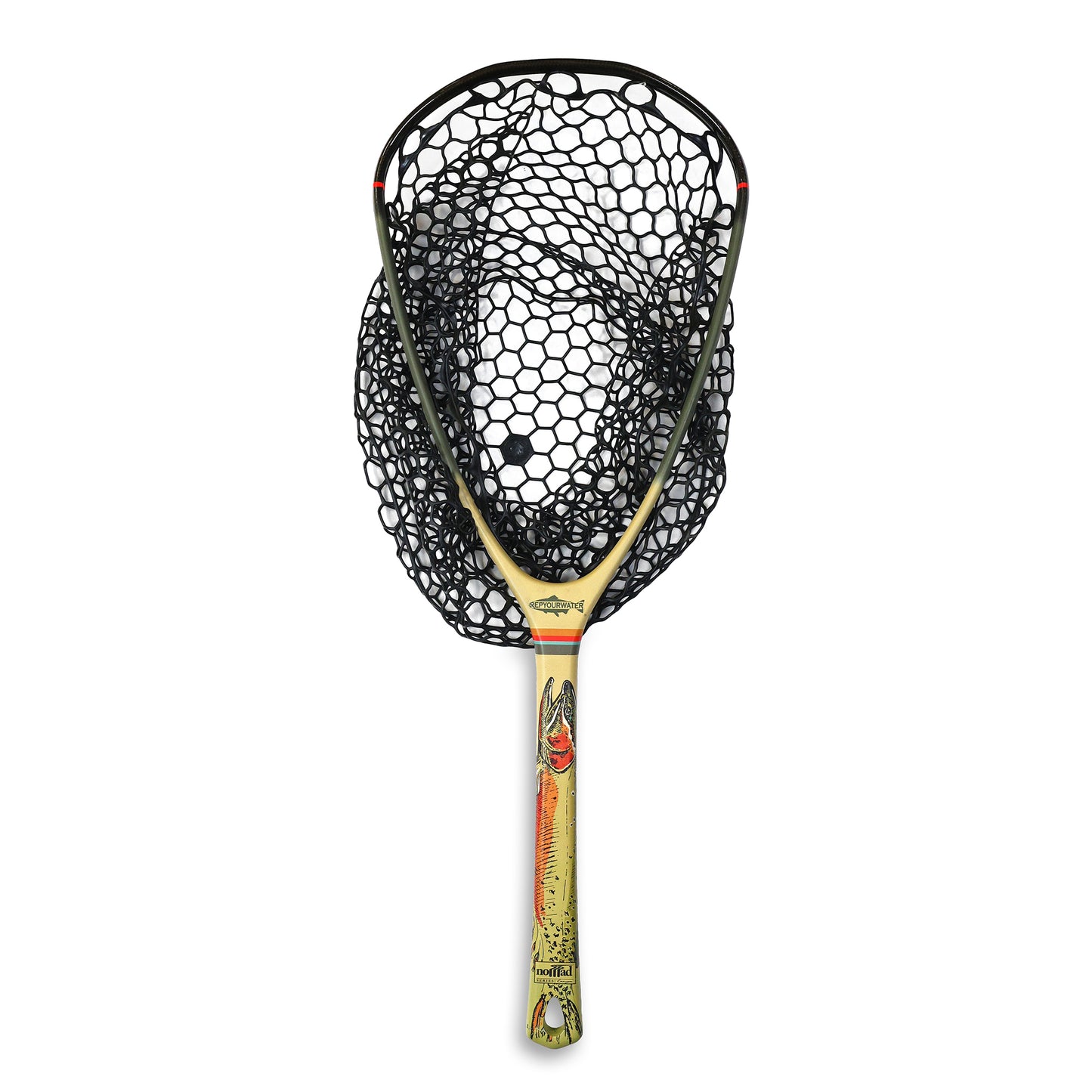 a tan and green fishpond net with black netting with a cuthroat trout on the handle that fades into fishing flies