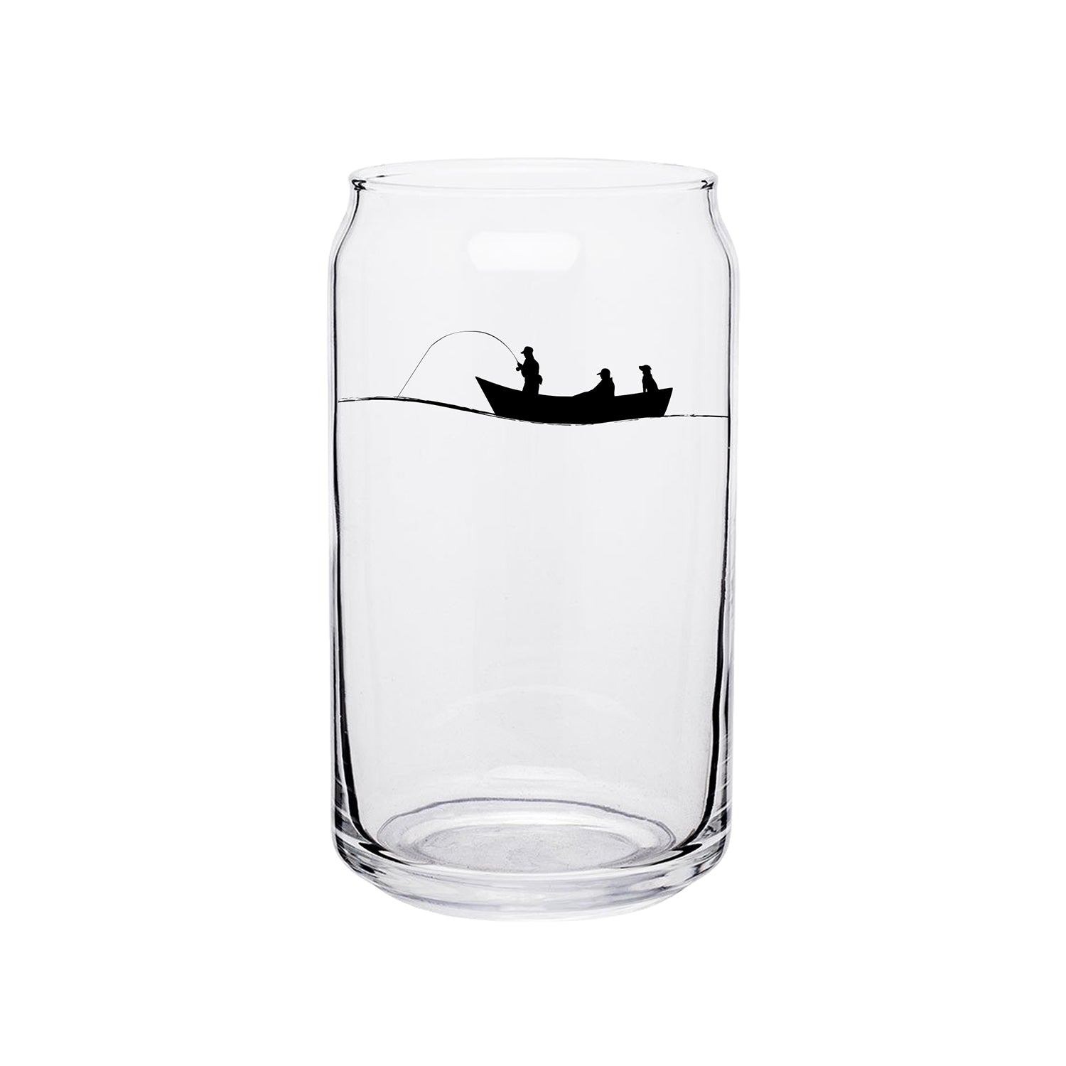 a clear beer can style glass with a silhouette of a boat and 3 anglers fishing in black ink