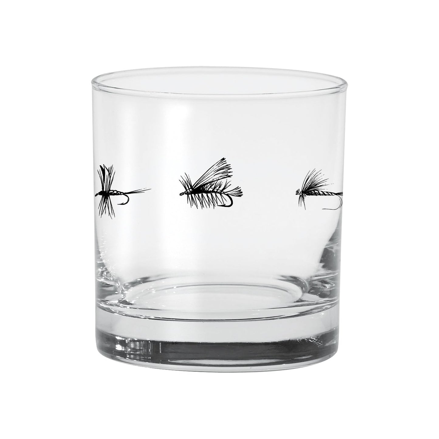 old fashioned glass with fishing flies on the side in black ink