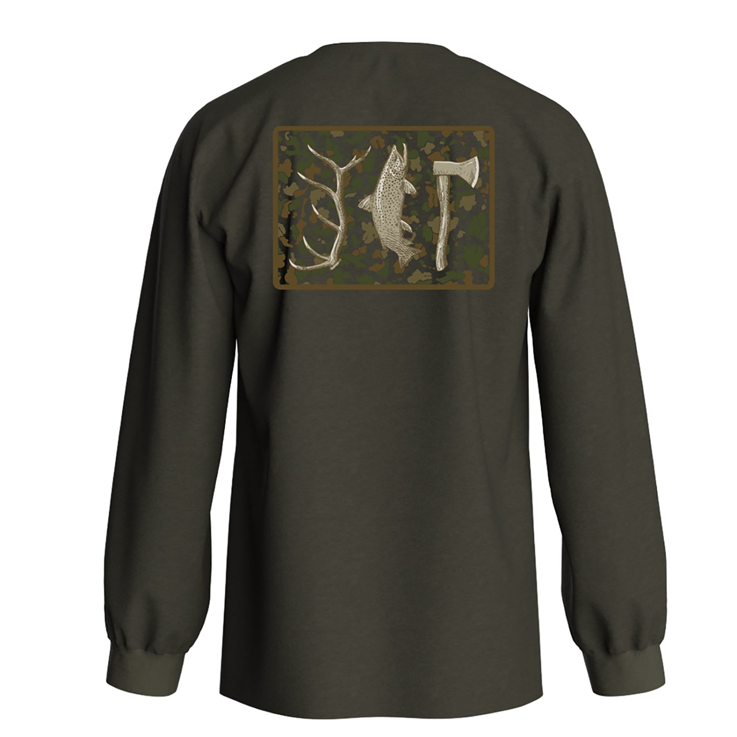 military heather green shirt with a badge in camo, showing a elk tine, fish, and axe pen and ink