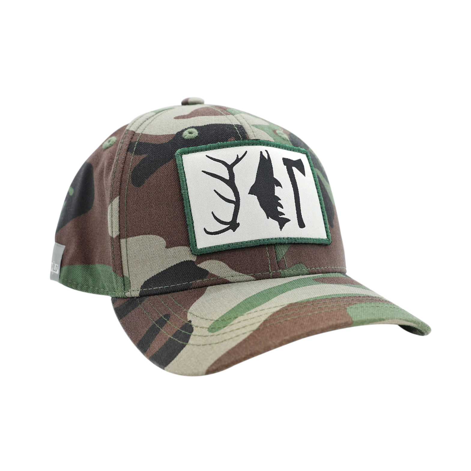 A camouflaged pattern full fabric hat with a rectangular patch on the front featuring an elk antler, a trout and a hatchet.