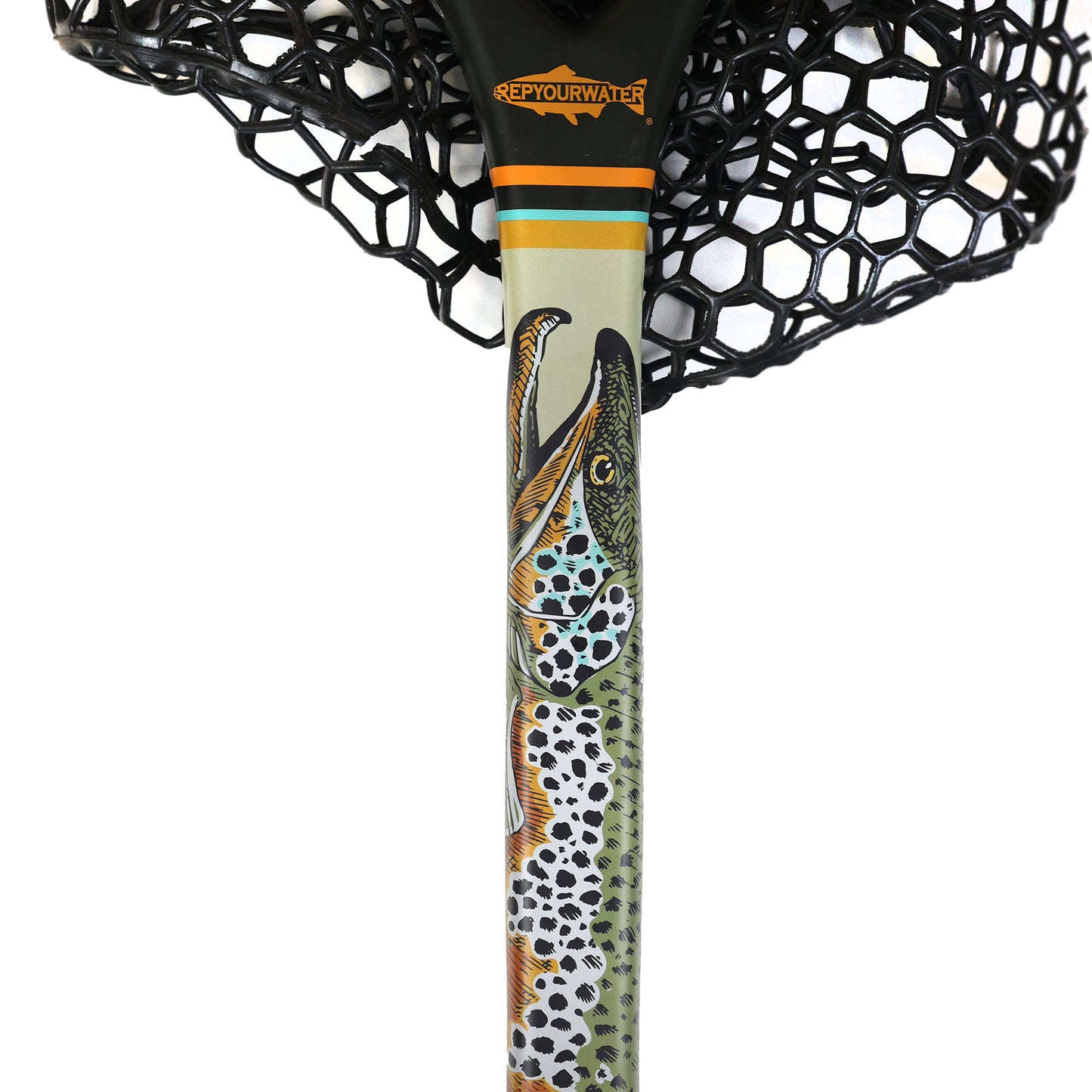 a close up of el jefe Fishpond net with green and black and repyourwater logo in orange at the base of the hoop. A drawing of a brown trout that fades to flies towards the handle. The net has a black net