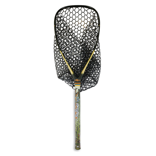 the el jefe Fishpond  net with green and black  and repyourwater logo in orange at the base of the hoop. A drawing of a brown trout that fades to flies towards the handle. The net has a black net