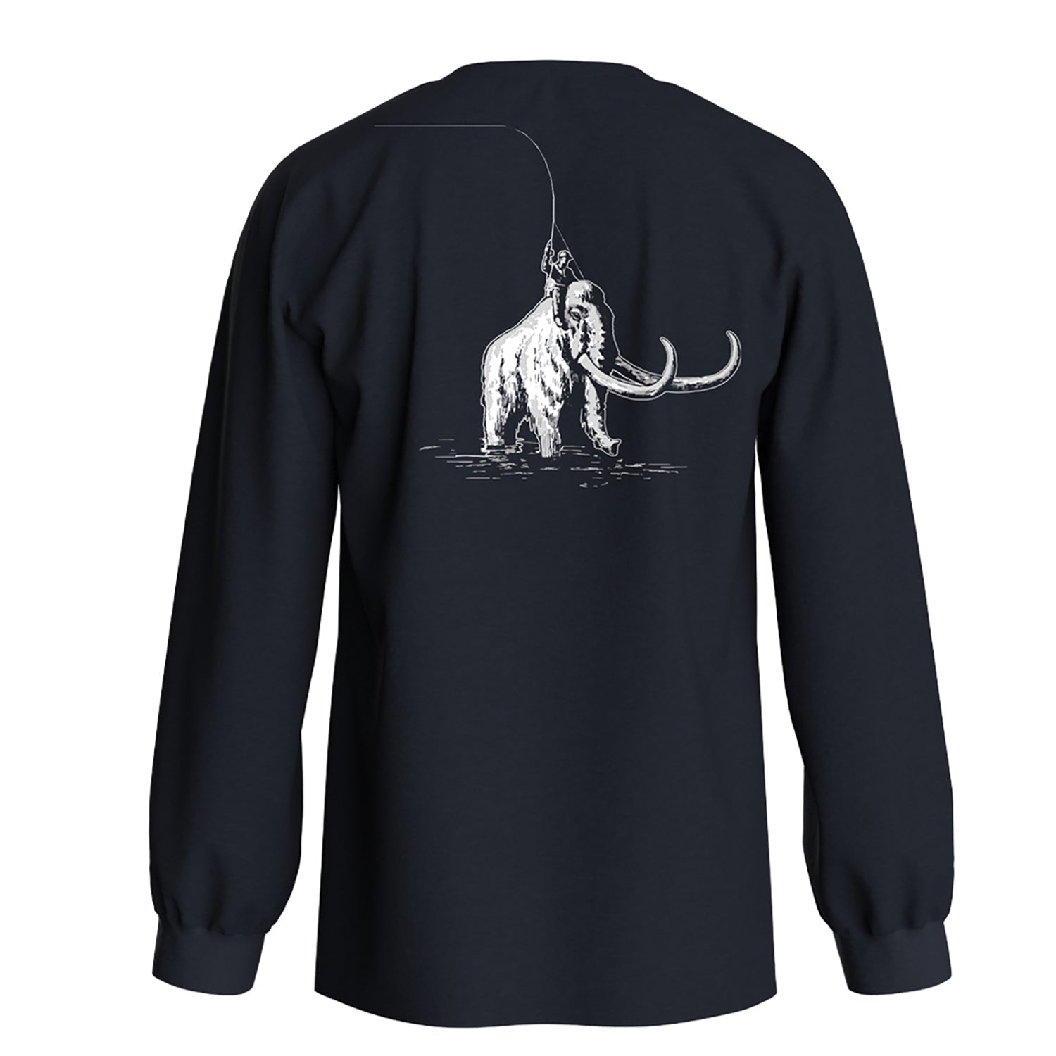 dark navy long sleeve shirt with a drawing of sasquatch fishing from a mammoth on the back in white ink