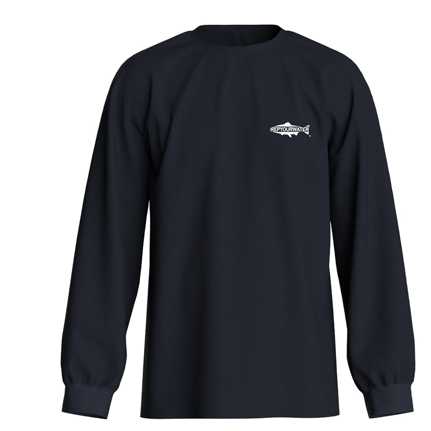 dark navy long sleeve  shirt with a trout silhouette and words rep your water in white on the front left chest