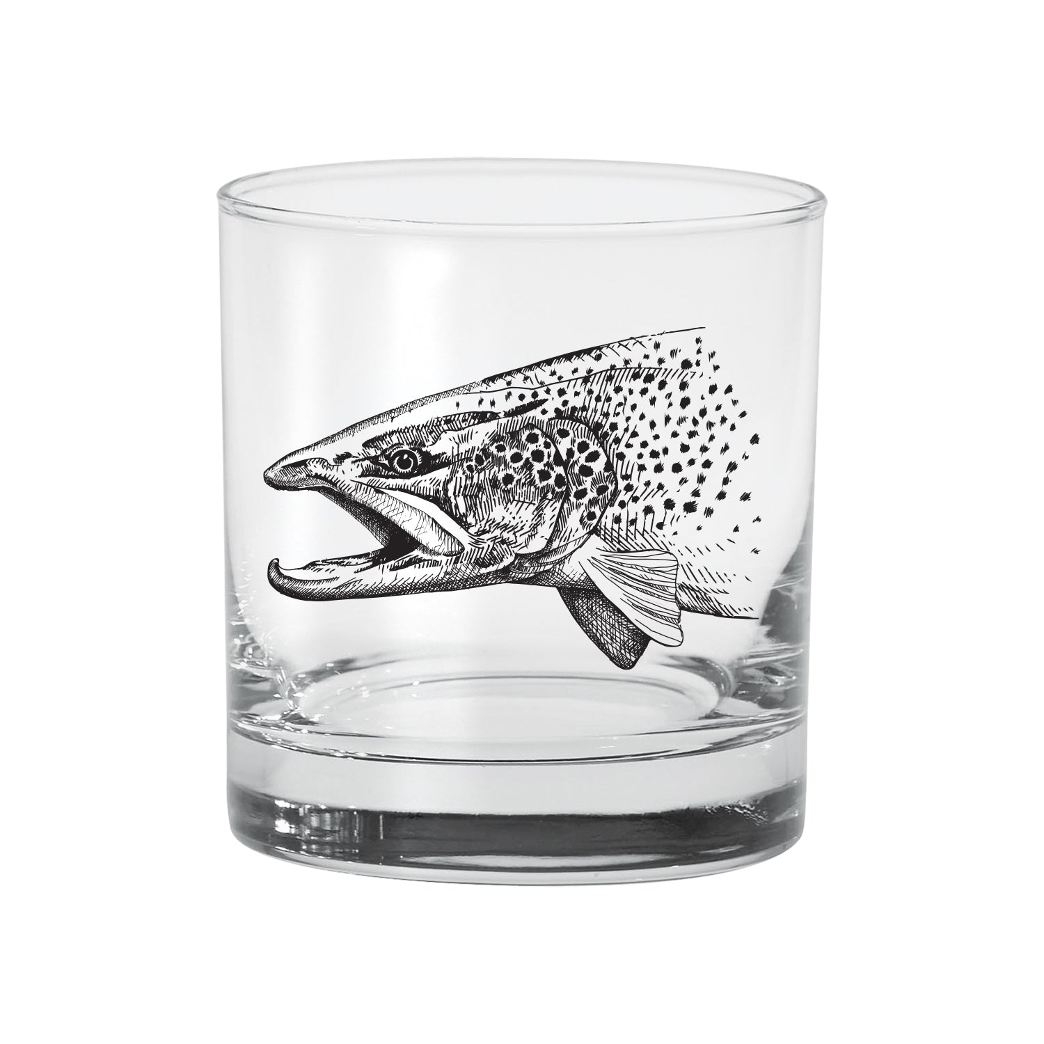 old fashioned glass with a brown trout face in it in black ink