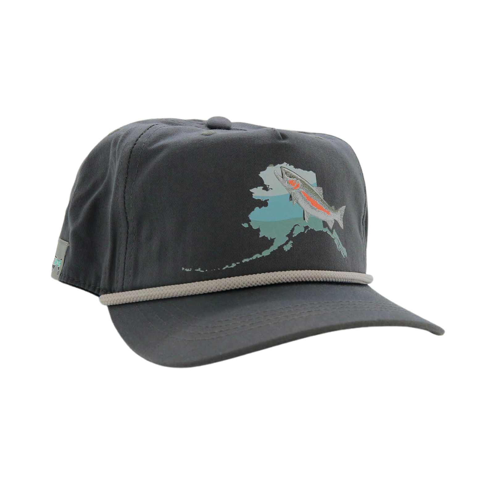 grayhat with white rope and state of alaska on the front with a rainbow trout on the front