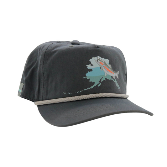 grayhat with white rope and state of alaska on the front with a rainbow trout on the front