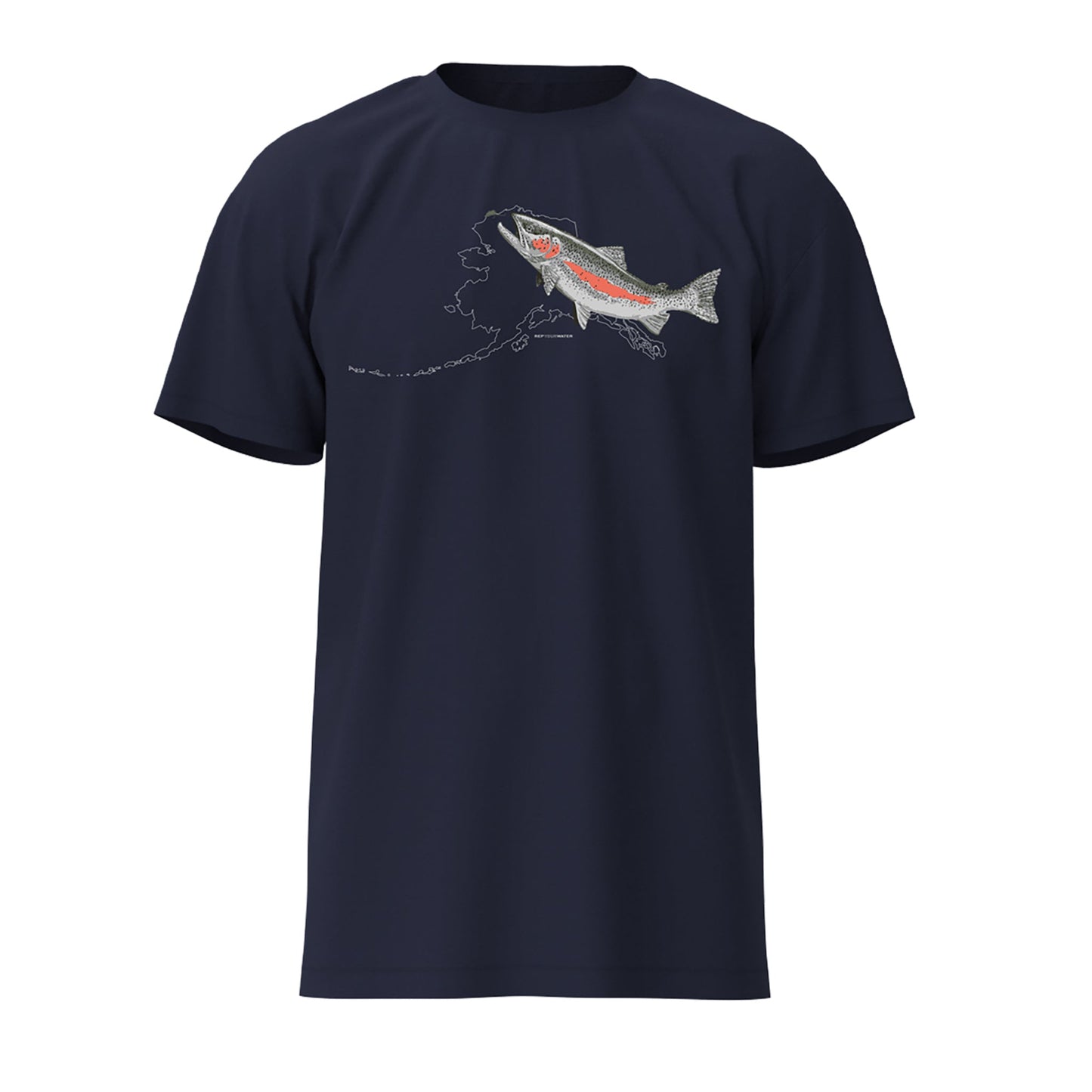 Navy shirt with the outline of the state of alaska and a rainbow trout on the front