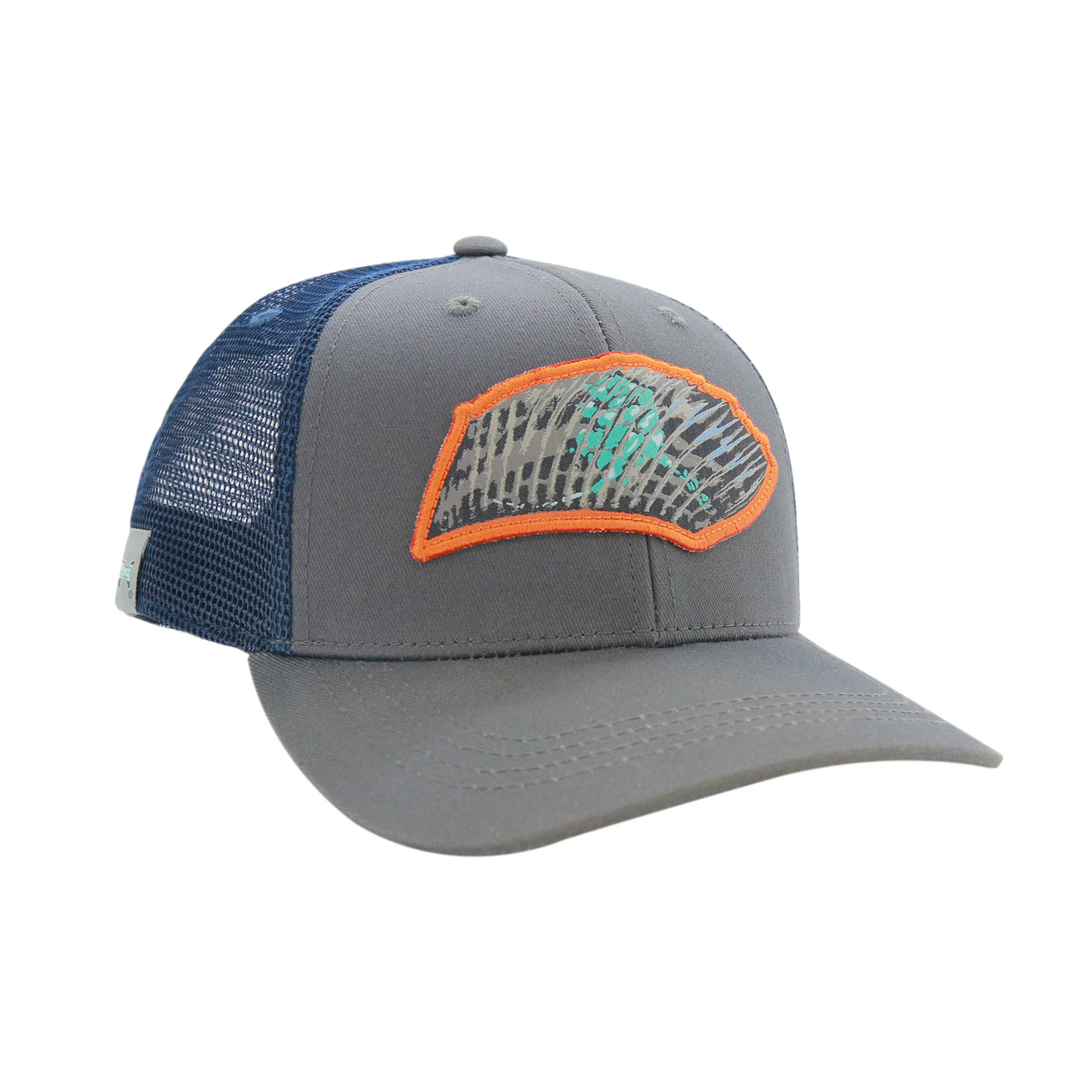 blue/gray front and gray mesh back hat with a grayling fin on the front