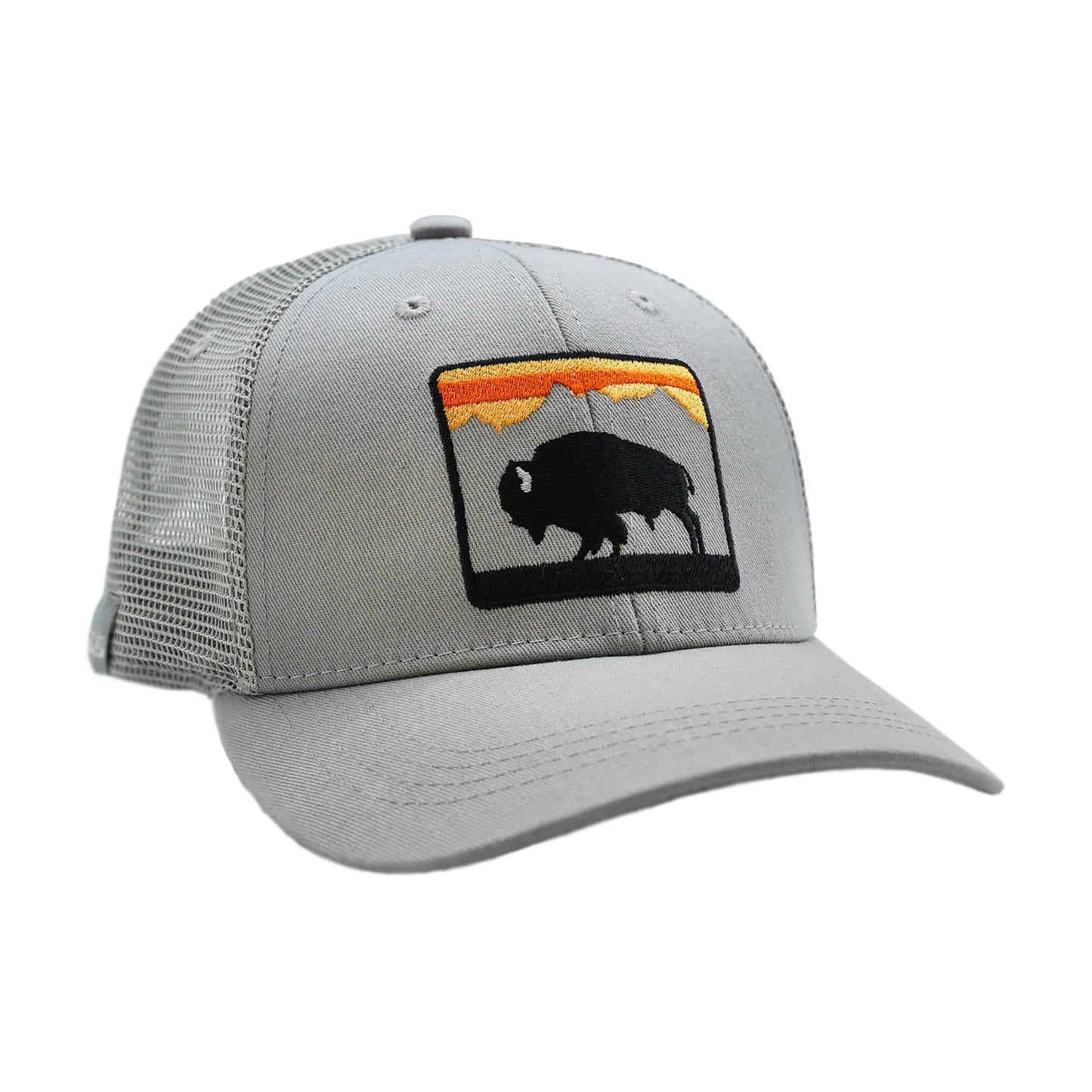 all light gray hat with embroidery of a bison and sunset on the front
in black orange and yellow