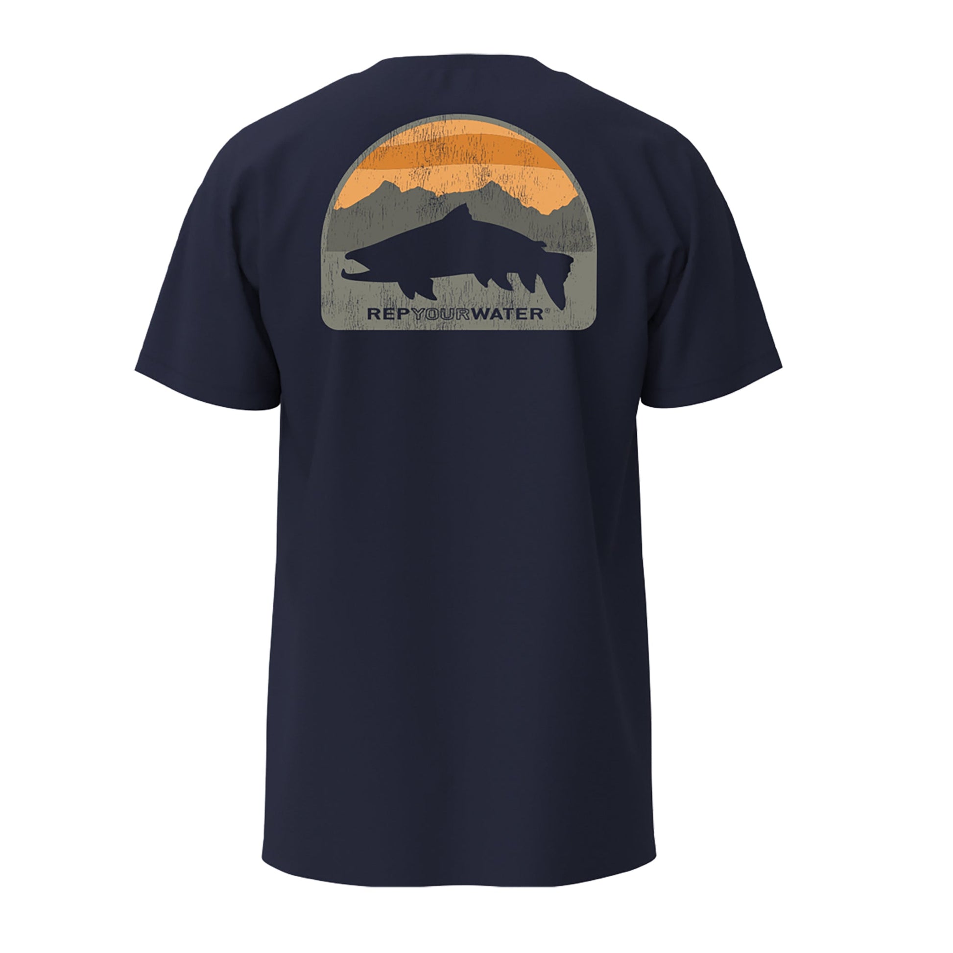 Navy shirt with a print of mountain scape sunset and a trout silhouette on the back with the works rep your water