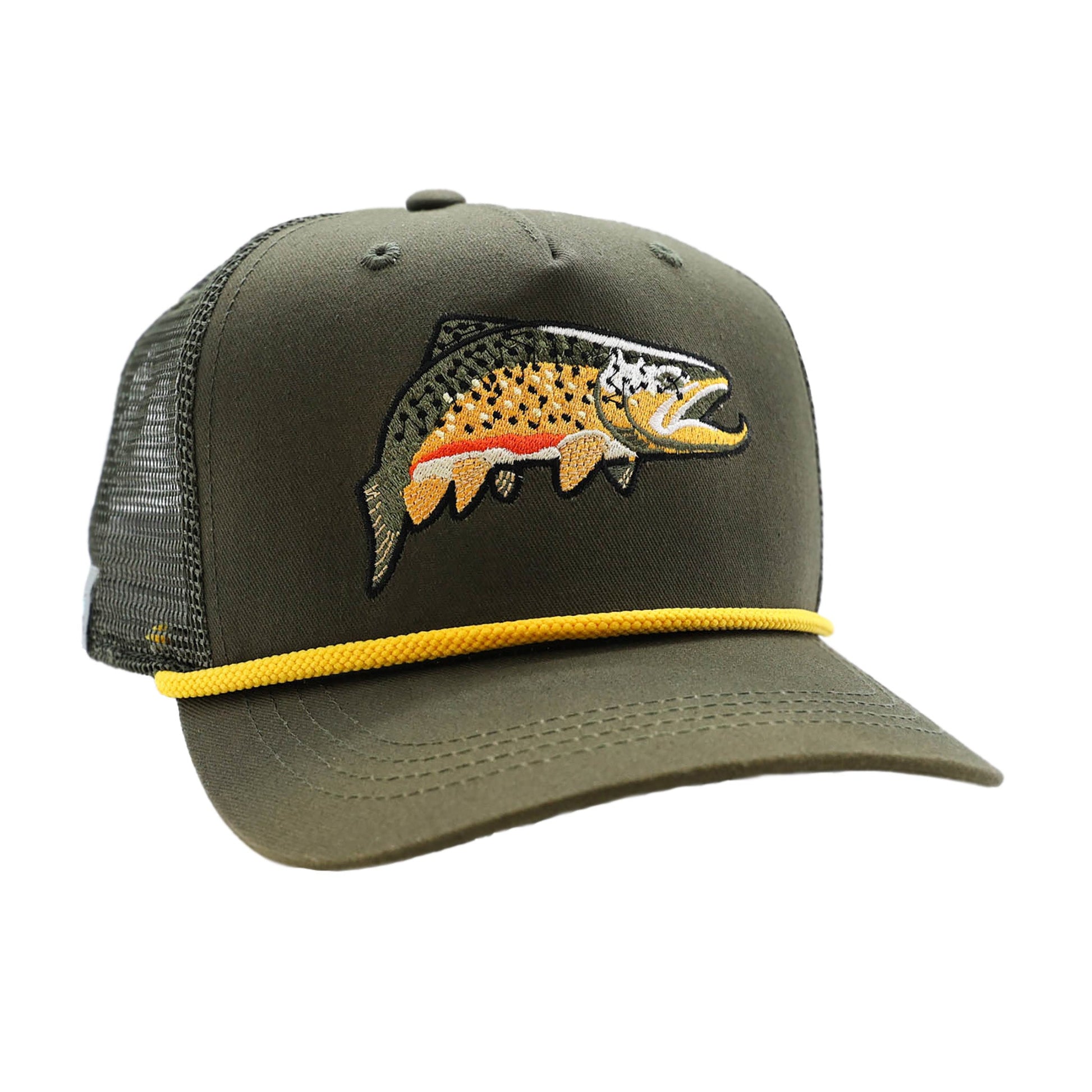 All green hat with yellow rope and an embroidered brown trout on the front