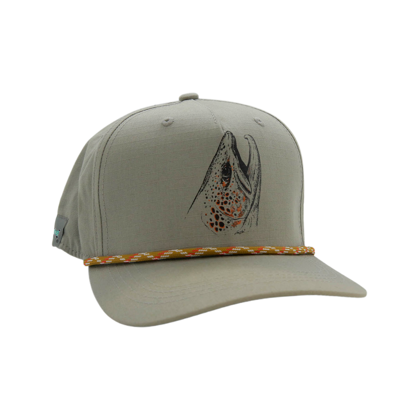 GRay hat with  multi color rope and a trout head on the front