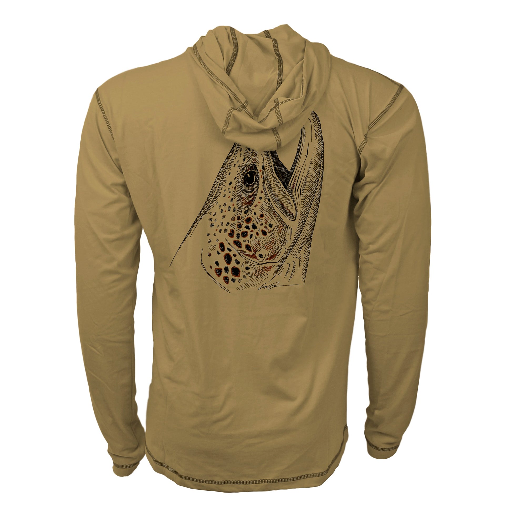 dark tan sun hoody with a brown trout head on the back