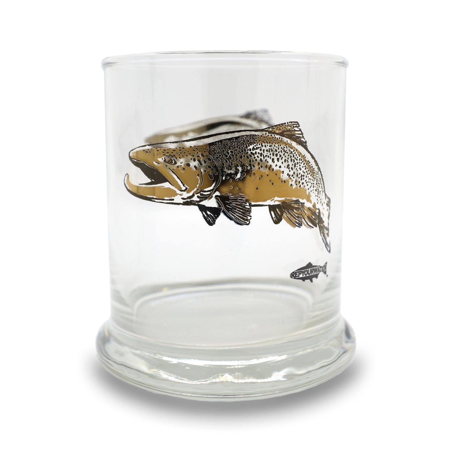 clear glass with a drawing of a brown trout in black and gold ink