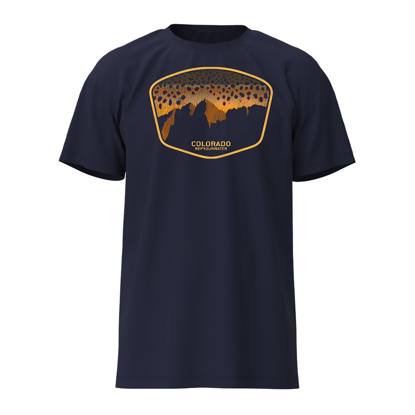 Navy tee shirt with a mountain scape on the front and brown trout pattern as the sunset witht he words rep your water and colorado on the front