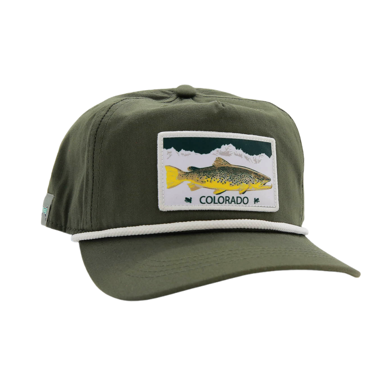 Green hat with a patch on the dront showing the colorado license plate and a brown trout. Text that reads colorado