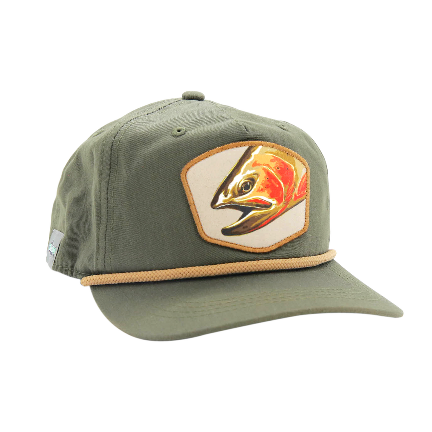 Green hat with gold rope with a patch in the front that shows a cutthroat trout  head