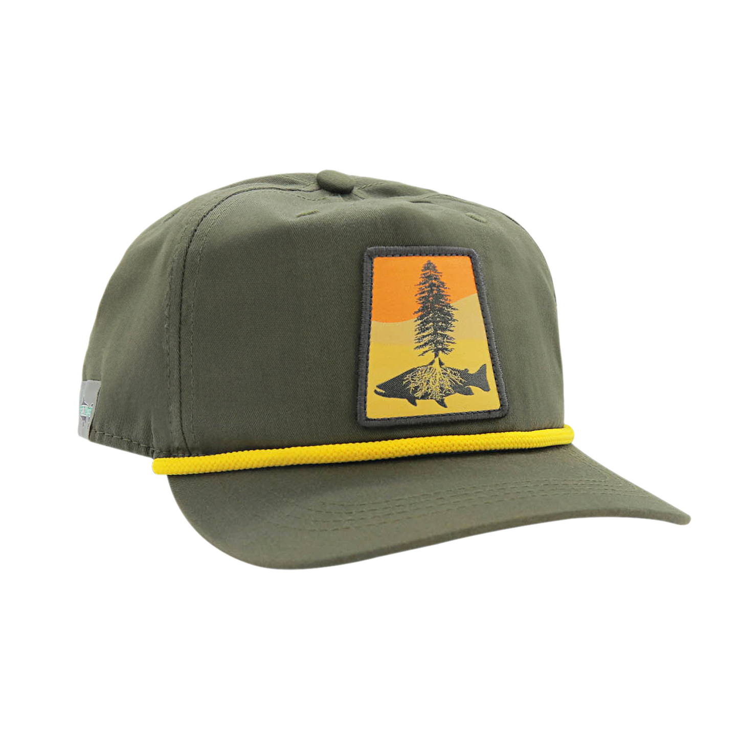 Green full cloth hat with a patch of a tree and trout silhouette and yellow rope