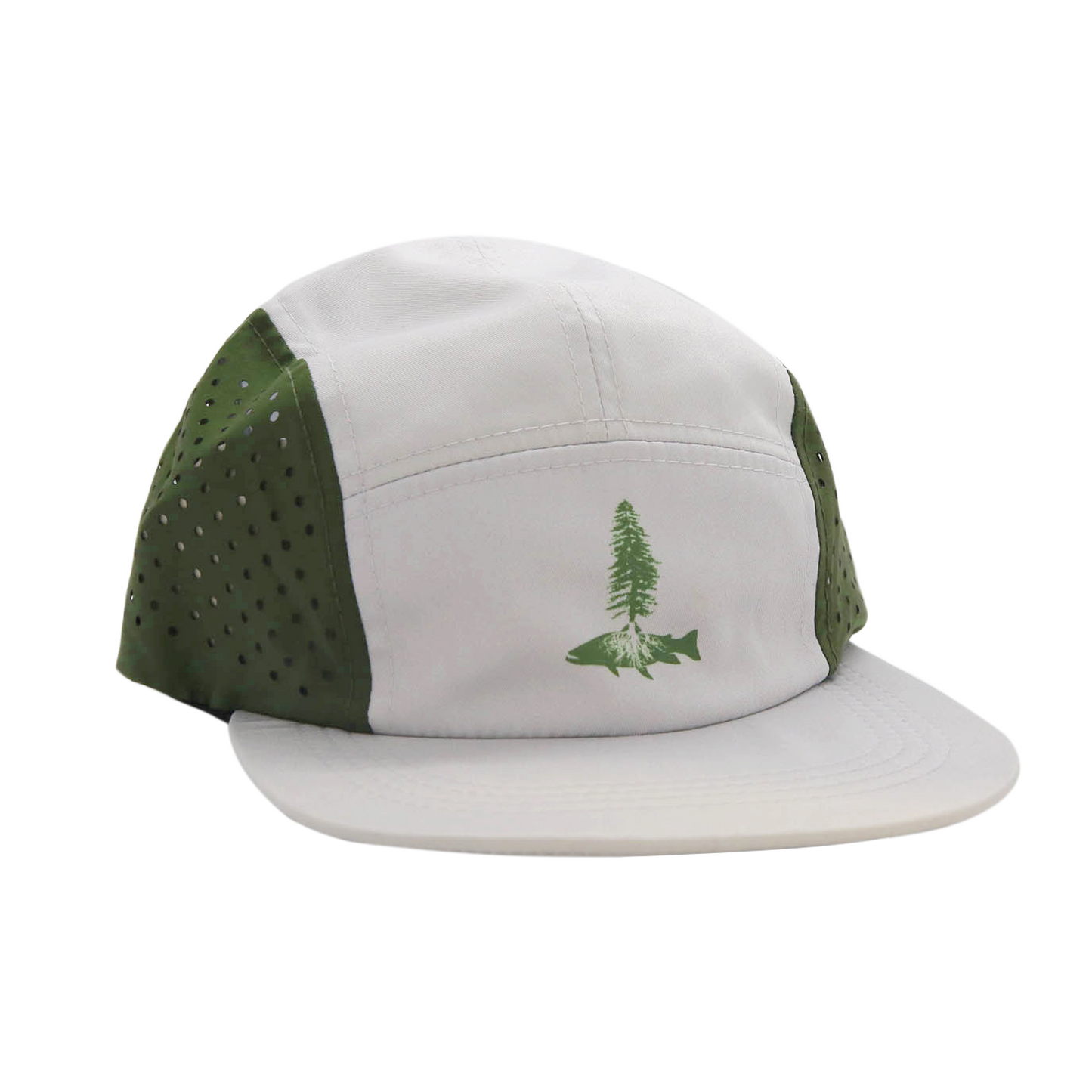 whitehat with green mesh sides and black rope with a tree and trout silhouette on the front