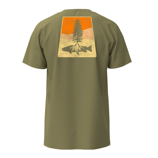 olive green tee shirt with a print on the back showing shades of orange square with a trout silhouette and a tree 